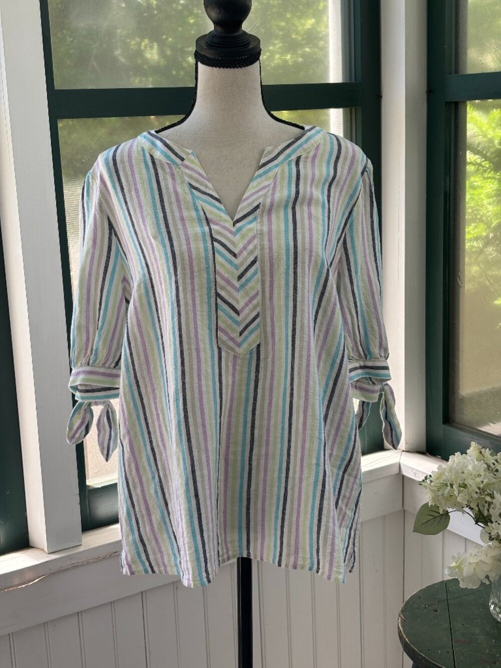NWT Kim Rogers Linen Stripe Tunic Top Multi Stripe Size M